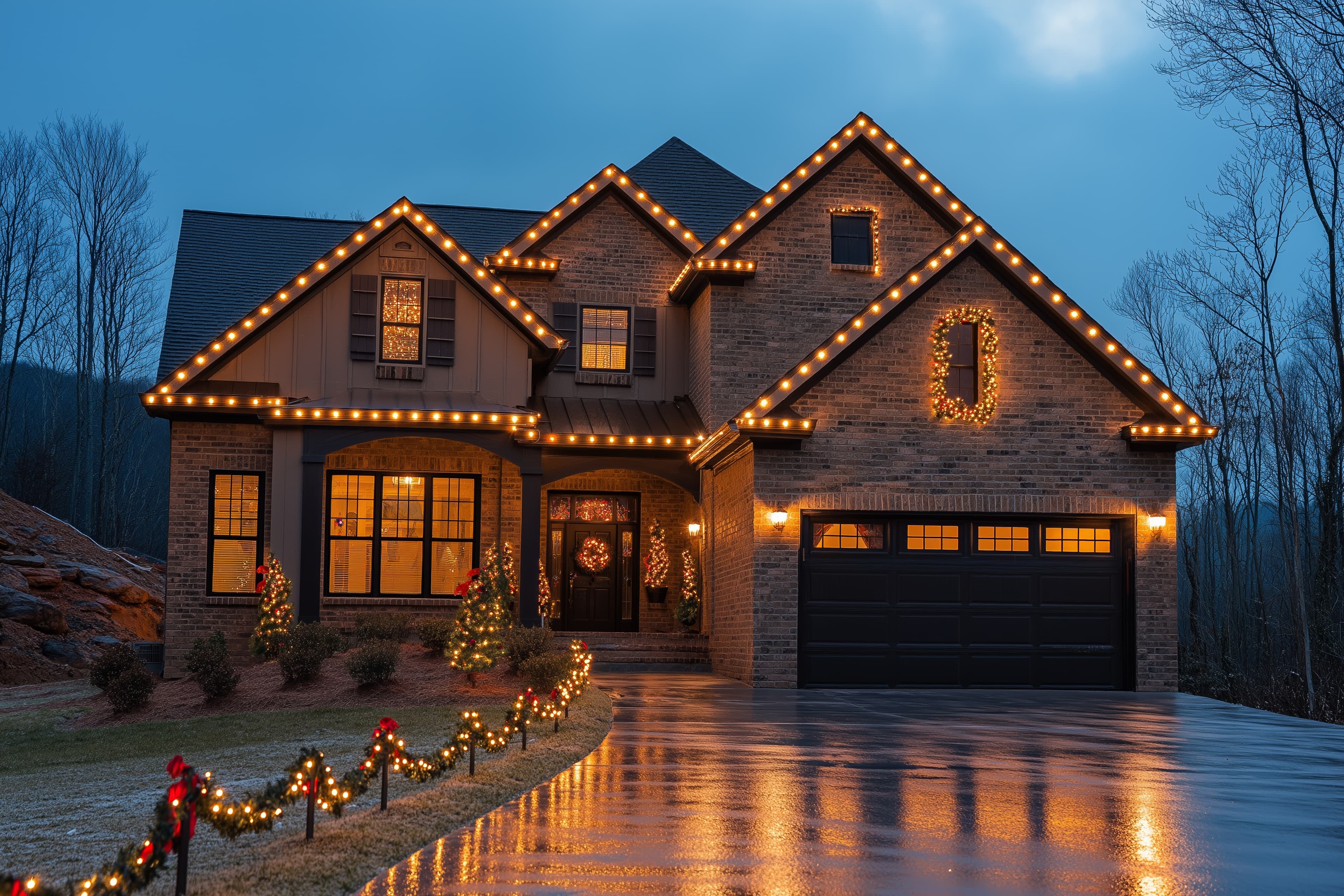 Classic package with warm-white C9 roofline and wreath at dusk